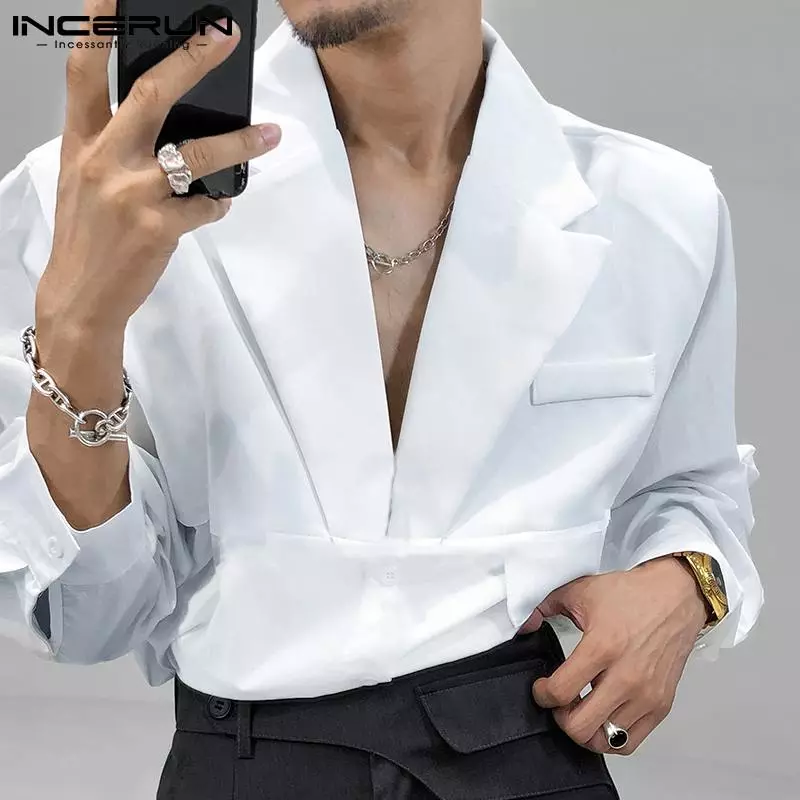 INCERUN-Camisa Masculina Casual Manga Longa, Botão de Lapela, Cor Sólida, Tops de Moda, Streetwear, Solto, Lazer, S-5XL, 2023