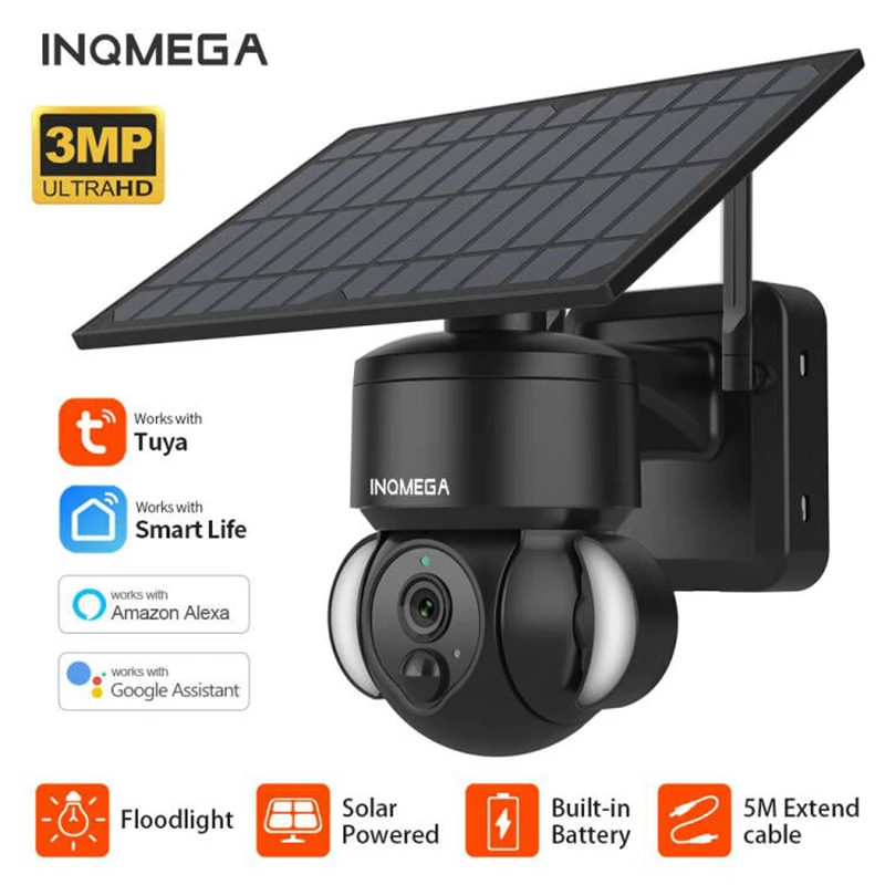 Inqmega tuya câmera com painel solar, pir detecção de movimento, pode ser instalado separadamente, vigilância por vídeo cctv suporta alexa