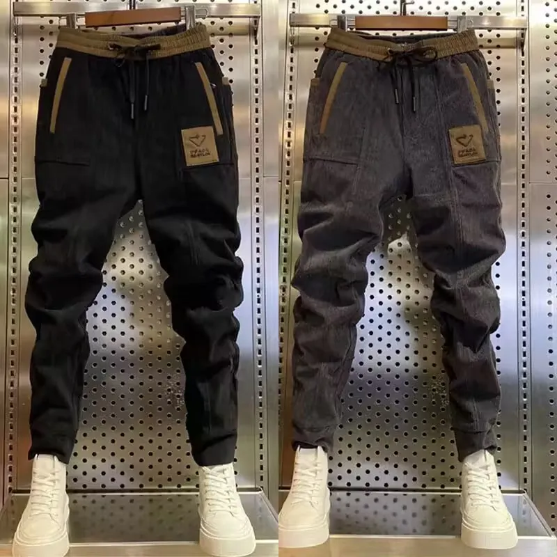 Moletom de veludo solto masculino, jogging hip hop, calça cargo, calça casual, streetwear retrô neutro, calça harajuku, moda, 2023