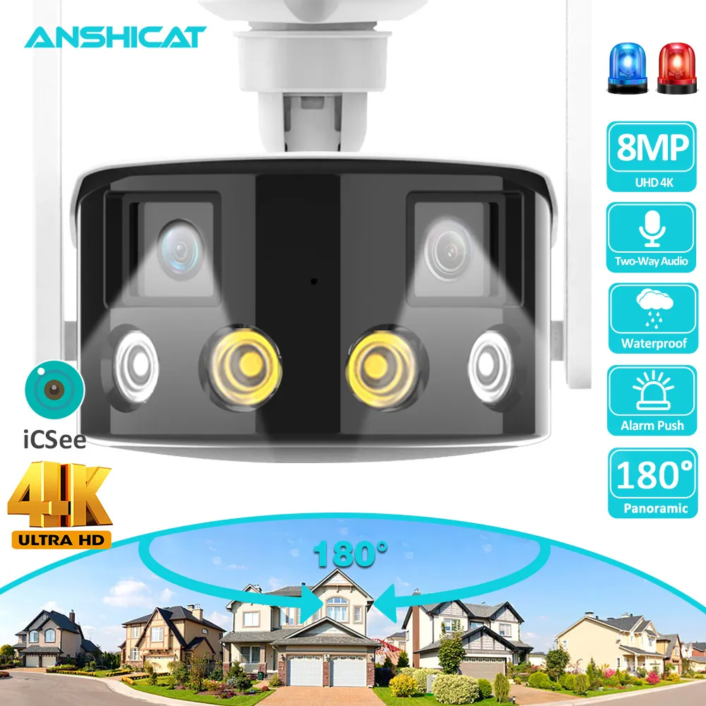 Wide Angel Outdoor Câmera de Vigilância IP, Color Night Vision, 180 ° Dual Lens, CCTV Security Protection, 4K, 8MP, WiFi, 4MP